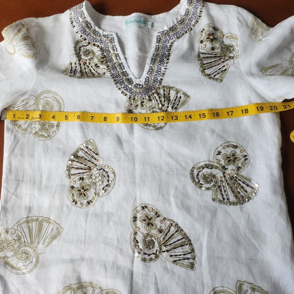 Lulu B Tunic Womens S White Linen Sequin Seashell Coastal Resort - Picture 8 of 9